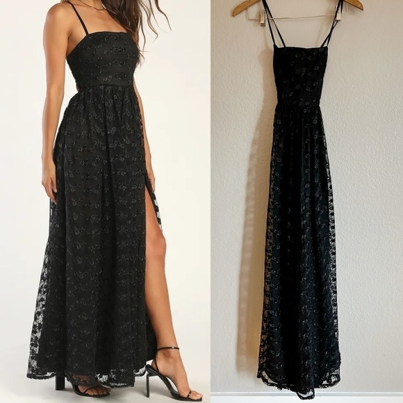 NWOT Pursuing Elegance Black Floral Embroidered Lace-Up Maxi Dress - Picture 1 of 8
